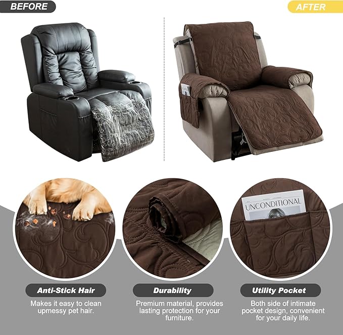 100% Waterproof Recliner Chair Cover, Recliner Chair Covers for Reclining Chair, Non-Slip Fabric Recliner Couch Cover for Living Room, for Pets Kids Protector, Washable