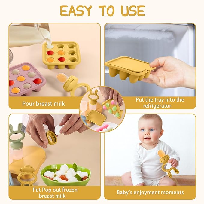 WAJIAYON Baby Breastmilk Popsicle Molds & Baby Fruit Feeder (2 Pack), Baby Food Freezer Tray Storage Containers