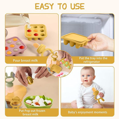 WAJIAYON Baby Breastmilk Popsicle Molds & Baby Fruit Feeder (2 Pack), Baby Food Freezer Tray Storage Containers