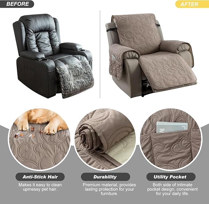 100% Waterproof Recliner Chair Cover, Recliner Chair Covers for Reclining Chair, Non-Slip Fabric Recliner Couch Cover for Living Room, for Pets Kids Protector, Washable (Taupe, 23"Recliner Chair)