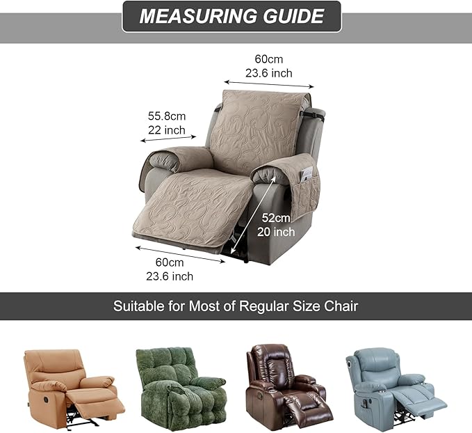 100% Waterproof Recliner Chair Cover, Recliner Chair Covers for Reclining Chair, Non-Slip Fabric Recliner Couch Cover for Living Room, for Pets Kids Protector, Washable