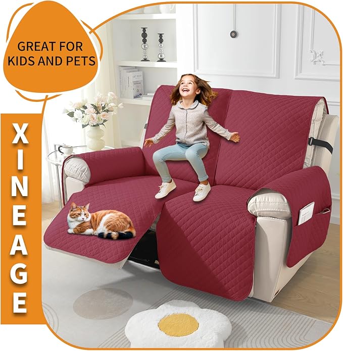 XINEAGE Water Resistant Recliner Cover, 2 seat Recliner Loveseat Covers with Pockets, Quilted Thick Recliner Protector Cover for Dog Pets with Non Slip Backing and Strap (Recliner Loveseat, Red)