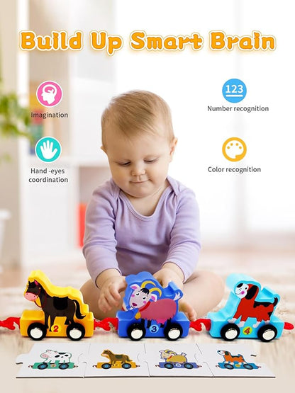 Toys for Toddlers, 11 Wooden Animals Train Set 2 Year 2-4 Boys 2, Preschool