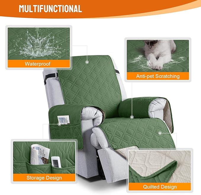 VANSOFY 100% Waterproof Recliner Chair Covers, Recliner Cover Non-Slip Dog Chair Cover Furniture Protector Washable Slipcover with Pocket, Elastic Straps for Pets, Dogs(Vine Green, 23.6")