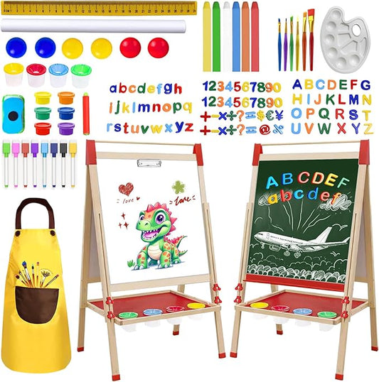 Wooden Art Easel for Kids and Toddlers, Double-Sided with Magnetic Drawing Board, Adjustable Height, Includes Magnetic Letter & Number Set and Paper Roll.
