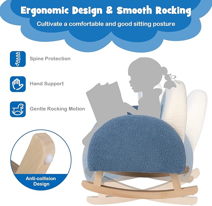 Costzon Kids Blue Rocking Chair with Solid Wood Frames, Plush Fabric, Anti-Tip Design for Kids Room, Nursery, Playroom, Preschool, Birthday Gift for Boys Girls, Toddler Furniture Armchair