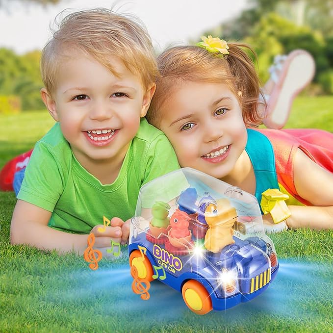 Dinosaur Bus Cars (Blue)，Light Up Toy Toddler Trucks，Automatic Bump & Go Clear with Color Moving Gears, Music 1-3 2-4
