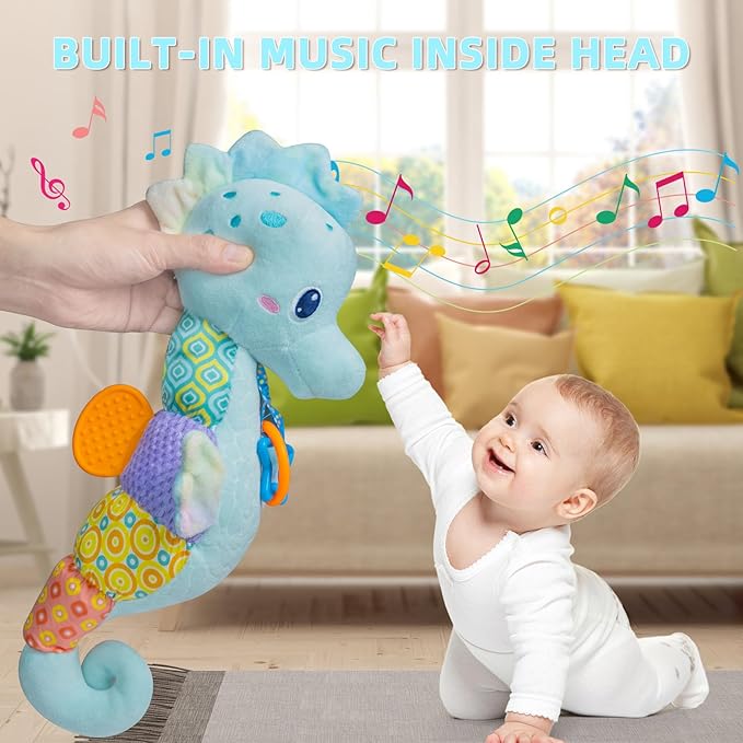 Baby Toys 0-6 Months,Infant Musical Seahorse Stuffed Animals Sensory Toys with Bright Colors 0-12 Months-Blue