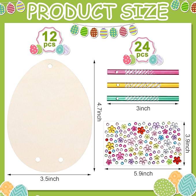 Wenqik 12 Sets Easter Wind Chimes Craft for Kids DIY Coloring Wooden Easter Craft Kits Paintable Unfinished Egg Hanging Ornament Crafts for Girls Boys Spring Party School Decor