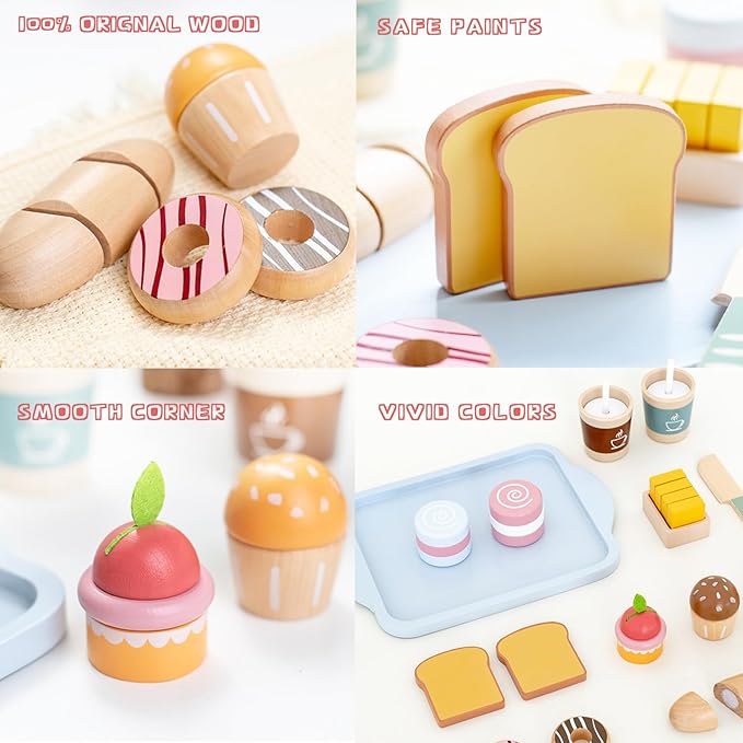 Wooden Toy Food Set, Kids Kitchen, Toy Food Set - Pretend Food Wooden Toys, Velcro Food Cuts, Toys for Kids Ages 3 and Up.