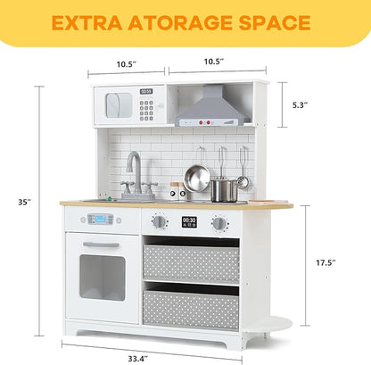 Wooden Play Kitchen for Kids - Innovative Corner Design, Realistic Cooking Sounds, Complete Accessories, Ample Storage Space, and Sound & Light Features