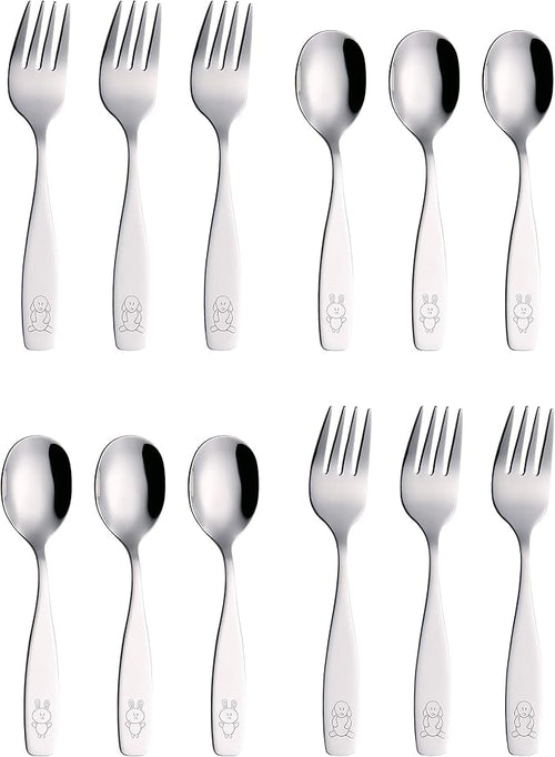 ANNOVA Children's Flatware Set - Stainless Steel Cutlery/Silverware - Safe Kids Toddler Utensils Lunch Box (Engraved Dog Cat Bunny) (Stainless Steel, 12 Forks & Spoon)