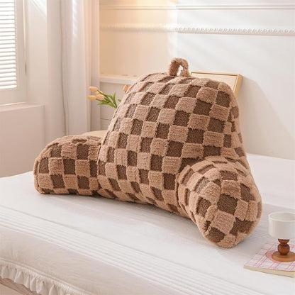 Aimuan Reading Pillow Checkered Bed Rest Wedge Backrest Checkerboard Pillow with Arms Back Support for Sitting Up in Bed Cushion Incline Rest Sleeping Snoring Pillow (Khaki,Large)