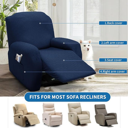 XINEAGE 4 Pieces Recliner Cover Stretch Jacquard Recliner Chair Covers Soft Recliner Slipcovers with Pocket for Kids and Pets, Washable Couch Cover (Recliner, Navy Blue)