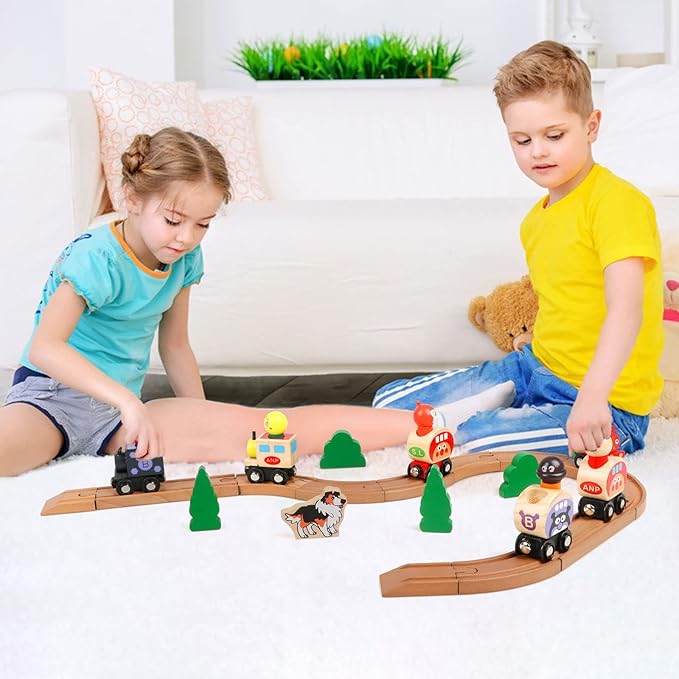 Wooden Train Tracks Set Toys, Train Toys with All-Wood Double Sided Train Tracks 3,4,5 Years