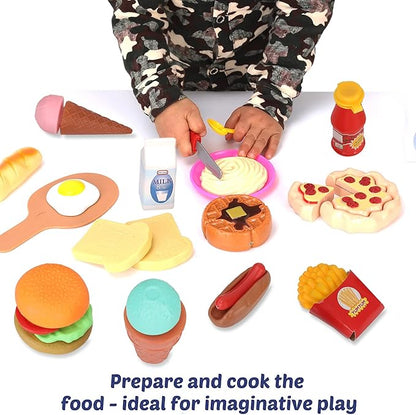 50 PCS Kids Deluxe Pretend Play Food Set with Kitchen Tools, Breakfast, Fast Food, Ice Cream & Desserts - Fun & Interactive Gourmet Toy Assortment Playset for Imaginative Play