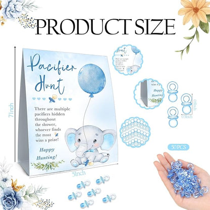 51Pcs Cute Elephant Decor Baby Shower Games, Include Baby Pacifier Hunt Sign and 50 Blue Mini Pacifiers