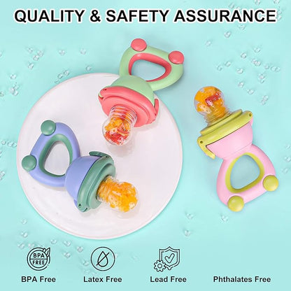 Baby Fruit Food Feeder Pacifier - Fresh Fruit Teething Toy 6M+, BPA Free Safely Introduce Solids Teething Relief Toy Includes Add Silicone Sacs 2-Pack (Green)