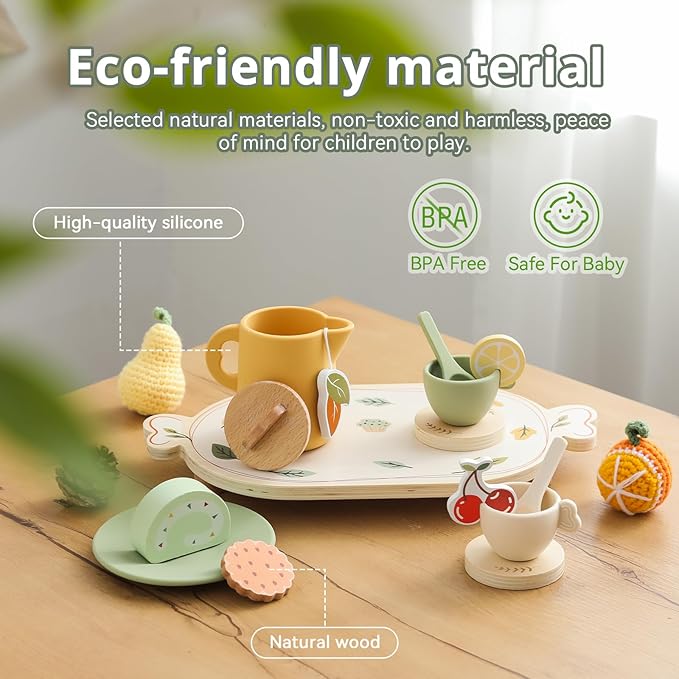 Tea Party Set for Kids - Wooden Tea Set for Little Girls 14PCS Silicone Toddler Tea Set Kitchen Accessories Pretend Play Toy Tea Set for Toddlers - Birthday Gift
