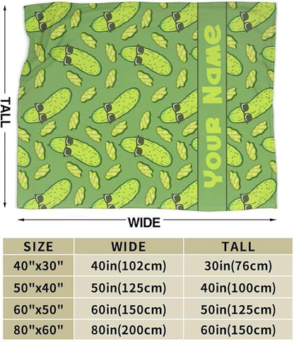 Custom Pickle Blanket with Name for Boys Girls, Personalized Cute Pickle Themed Design Printed Throw Blankets for Kids Lap, Chair, Giftable Blanket, 30"x 40"