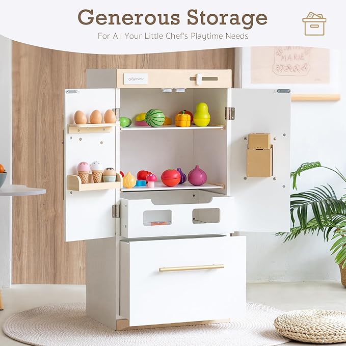 Wooden Play Kitchen Fridge with Ice Maker – Pretend Refrigerator for Kids & Toddlers, Play Refrigerator Appliance Toy for Ages 3+, Perfect Play Kitchen Fridge for Boys & Girls