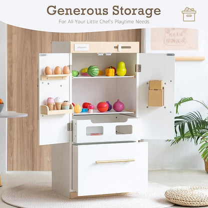 Wooden Play Kitchen Fridge with Ice Maker – Pretend Refrigerator for Kids & Toddlers, Play Refrigerator Appliance Toy for Ages 3+, Perfect Play Kitchen Fridge for Boys & Girls