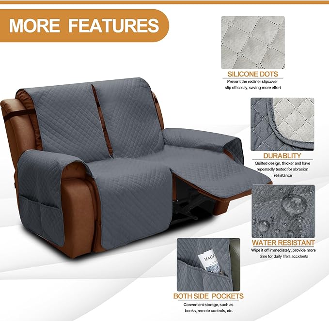 XINEAGE Water Resistant Recliner Cover, 2 seat Recliner Loveseat Covers with Pockets, Quilted Thick Recliner Protector Cover for Dog Pets with Non Slip Backing and Strap(Recliner Loveseat, Dark Gray)