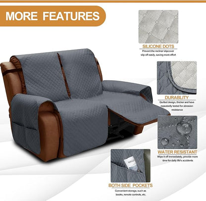 XINEAGE Water Resistant Recliner Cover, 2 seat Recliner Loveseat Covers with Pockets, Quilted Thick Recliner Protector Cover for Dog Pets with Non Slip Backing and Strap(Recliner Loveseat, Dark Gray)