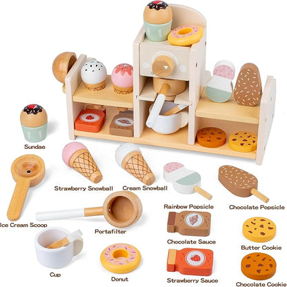 Wooden Ice Cream and Coffee Play Set for Kids, Pretend Play Toy Ice Cream Shop & Coffee Maker for Toddlers Ages 3-5, for Boys & Girls