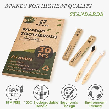 30PCS Biodegradable Bamboo Toothbrushes, BPA Free Soft Toothbrushes for Adults and Kids, Soft Bristles Toothbrushes, Eco-Friendly Natural Wooden Toothbrush Bulk, Box of Two Reusable Travel Toothbrush