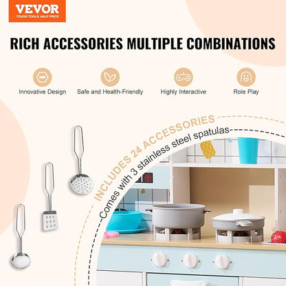 VEVOR Wooden Play Kitchen Toy, Play Kitchen for Kids with Lights and Sounds, Toddler Kitchen with Ice Maker, Oven, Sink, Microwaves, Fridge and Utensil and Fruit Accessory for Toddlers Ages 3-8, White