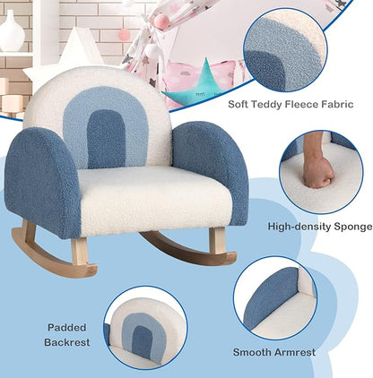 Costzon Kids Blue Rocking Chair with Solid Wood Frames, Plush Fabric, Anti-Tip Design for Kids Room, Nursery, Playroom, Preschool, Birthday Gift for Boys Girls, Toddler Furniture Armchair
