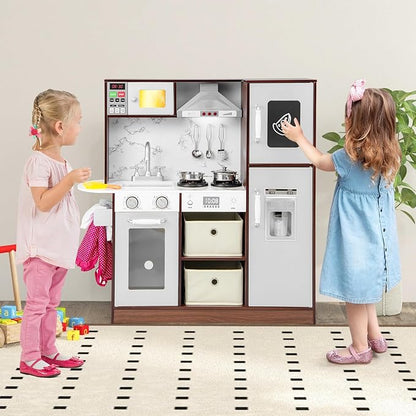 Costzon Kids Kitchen Playset, Wooden Pretend Cooking Kitchen Toy with Realistic Sounds & Light, Range Hood, Microwave, Ice Maker, Sink & Faucet, Toddler Play Kitchen, Gift for Boys & Girls 3+