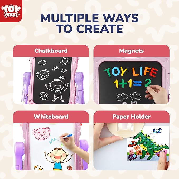 TOY Life Easel for Kids Art Easel for Toddler Easel - 4in1 Double-Sided Large Magnetic Board Kids Chalkboard Easel Drawing White Board for Kids Magnetic Letters & Numbers Pink Easel for Girls