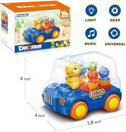 Dinosaur Bus Cars (Blue)，Light Up Toy Toddler Trucks，Automatic Bump & Go Clear with Color Moving Gears, Music 1-3 2-4