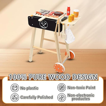 Wooden Play Barbecue Toy Grill, Kids BBQ Grill Playset with Play Food and Grilling Tools, Kids Cooking Sets, Outdoor Play Kitchen Set Kids, Pretend Play Kitchen Accessories Toddlers Age 3+