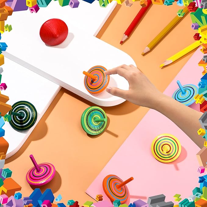 Aoriher Wood Spinning Tops for Kids, Colorful Wooden Gyroscopes Toy, Educational Kindergarten Toys, Rainbow Spin Tops for Games Party Favors Birthday Gifts(12 Pieces)