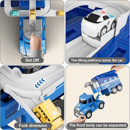 Dwi Dowellin Truck Toys for Kids 3 4 5 6 Years Old, Vehicle Toys for Kids with 4 City Cars and Playmat 3-5 (Blue)