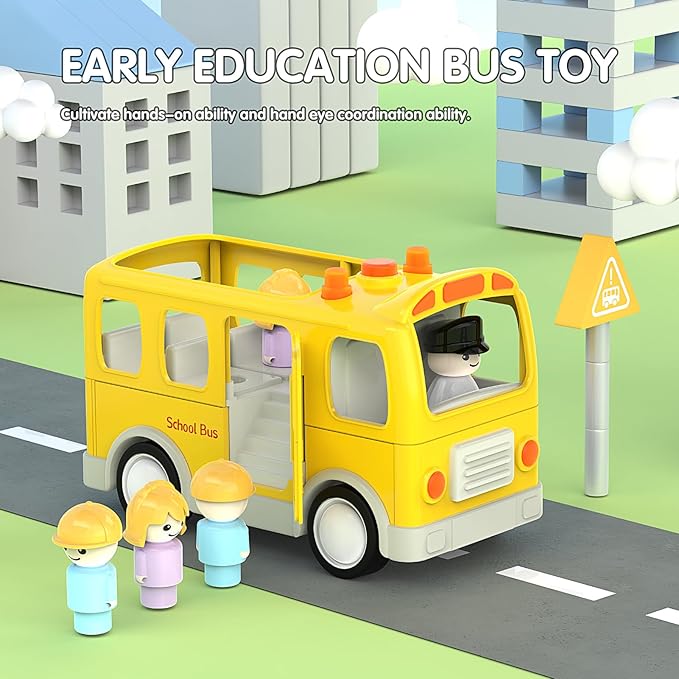 Veslier School Bus Toys with 5 Play Figures for Toddlers, Kids Car Toy with Lights ＆ Sounds 18M+ 2 3 4 5 Year