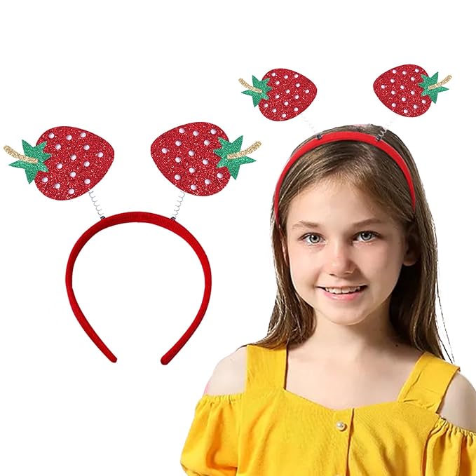 Glitter Strawberry Headband - Cute Red Hair Hoop, Hawaiian Party Hair Band Boppers