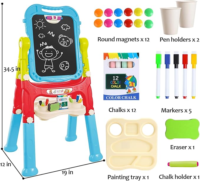 Toddler Art Easel Toys, Magnetic Chalk Board and White Board Easel for Kids with Painting Accessories, Rotatable Double Sided Easel, Birthday Gift for Boys and Girls