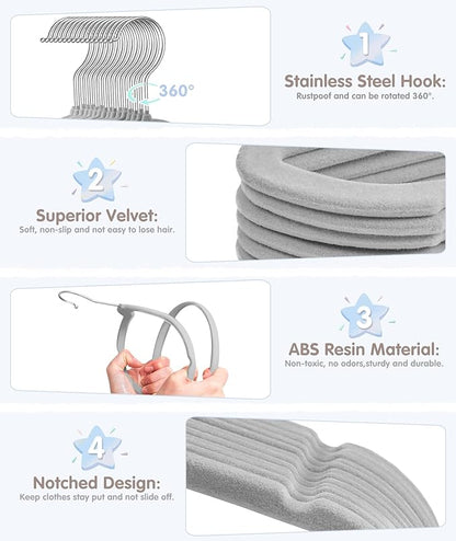 Baby Hangers, VIS'V 11 Inch Gray Velvet Kids Hangers with 6 Pcs Size Dividers Non Slip Nursery Children Closet Clothes Hangers for Infant Toddler Girls and Boys 30 Pcs