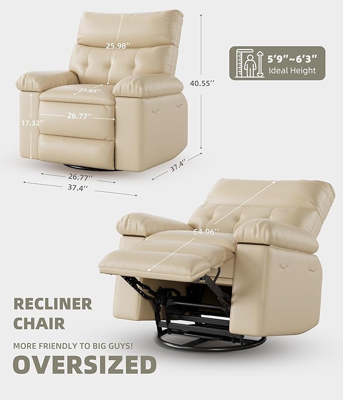 Electric Recliner Chair - 360° Rocker Swivel Recliner with Heat and Massage, PU Leather Large Power Recliner for Adults, Comfortable Lazy Chair with 1.5X Sponge Filling for Living Room