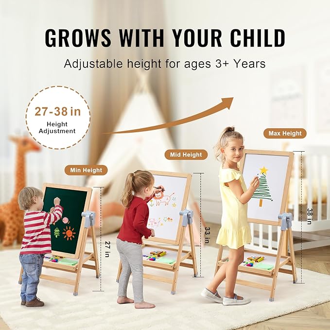 VEVOR Art Easel for Kids, 2-in-1 Wooden Double-Sided Kid's Art Easel with Magnetic Whiteboard & Chalkboard, Adjustable Standing Rotatable Foldable Drawing Board with Painting Accessories for Boy Girl