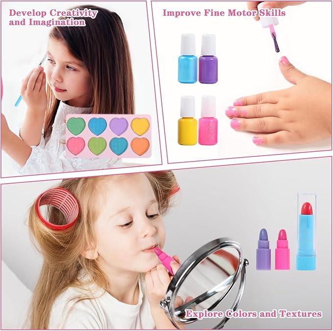 TOKIA 49pcs Big Amount Kids Makeup Kit for Gilrs, Non-Toxic & Safe Pretend Play Makeup for Little Girls, Real Washable Cosmetics with Case, Best Princess Birthday Gifts for Age 3-12 Years Old Toddlers