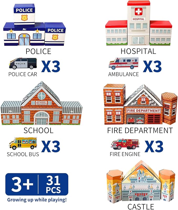 Cardboard Building Blocks, 31 Pack Cardboard Blocks for Kids Jumbo with 5 Building Designs, Thick Cardboard Pretend Brick Blocks for Building and Stacking Game