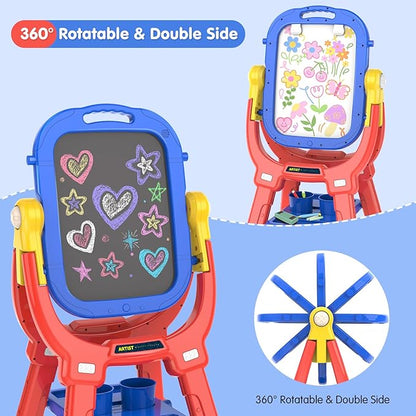 Victostar Easel for Kids, Rotatable Double Sided Adjustable Standing Art Easel with Drawing & Writing Accessories for Kids Boys and Girls (Red Blue)