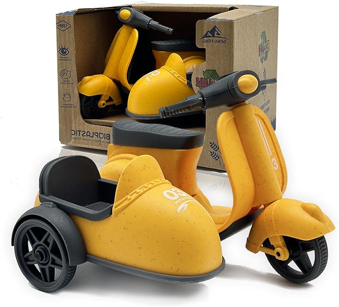 Kids Ride-On Motorcycle with Side Car - Eco-Friendly Straw Material, Push and Pull Toy for 1-3 Year Olds 3-5