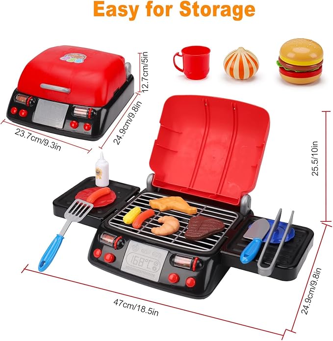 Kids Grill Playset with Apron Hat for Cooking Food Smoke 3 4 5 6 4-8 Birthday