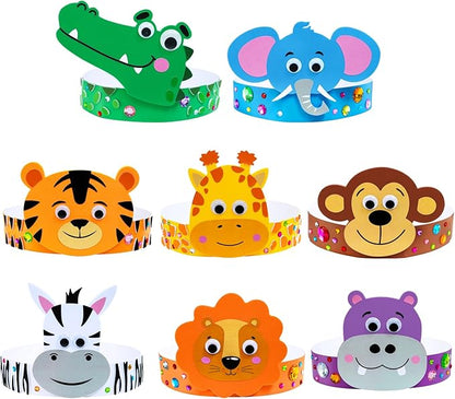 Winlyn 24 Sets Jungle Animal Headbands Craft Kits Safari Animal Crown Art Sets DIY Zoo Animal Party Headbands Animal Foam Stickers for Kids Jungle Safari Birthday Activities Party Favors Decorations